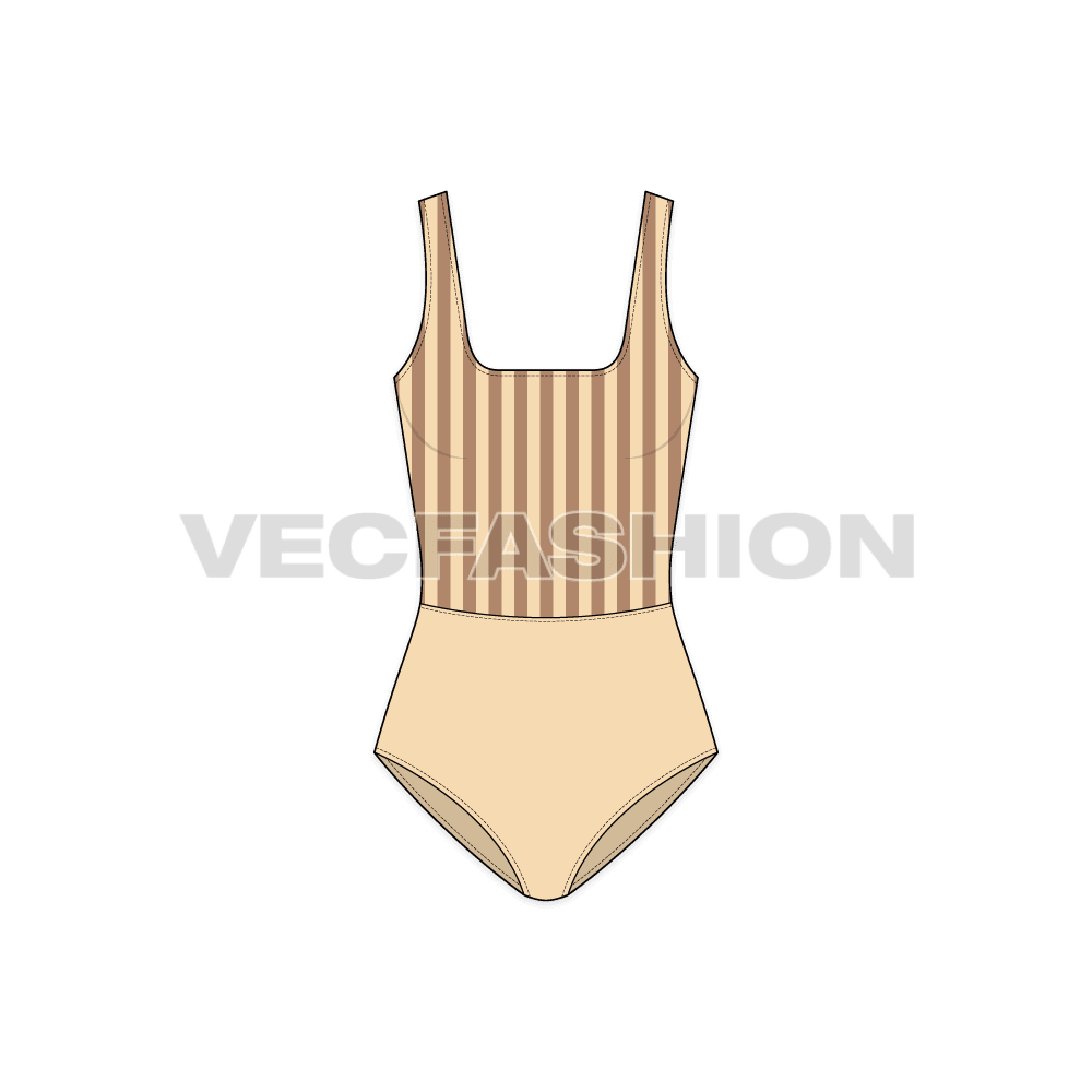 Womens striped swimsuit flat sketch, front view