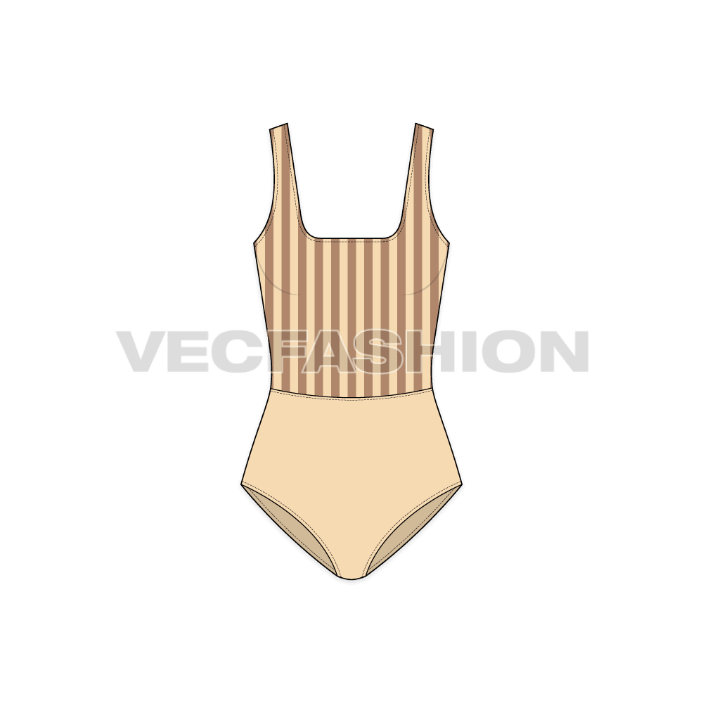 A vector template for Women's Striped Swimsuit, it has a cutline on waist and a very low neckline on front and back. The upper part is in stripes and lower part is in solid color.