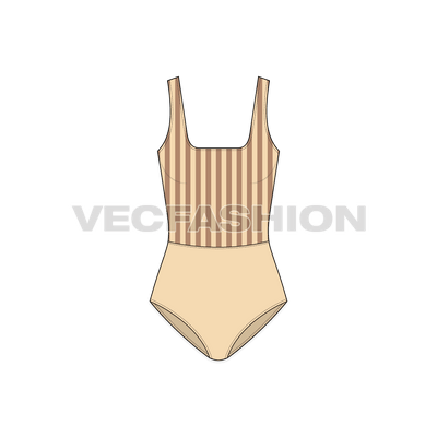 A vector template for Women's Striped Swimsuit, it has a cutline on waist and a very low neckline on front and back. The upper part is in stripes and lower part is in solid color.