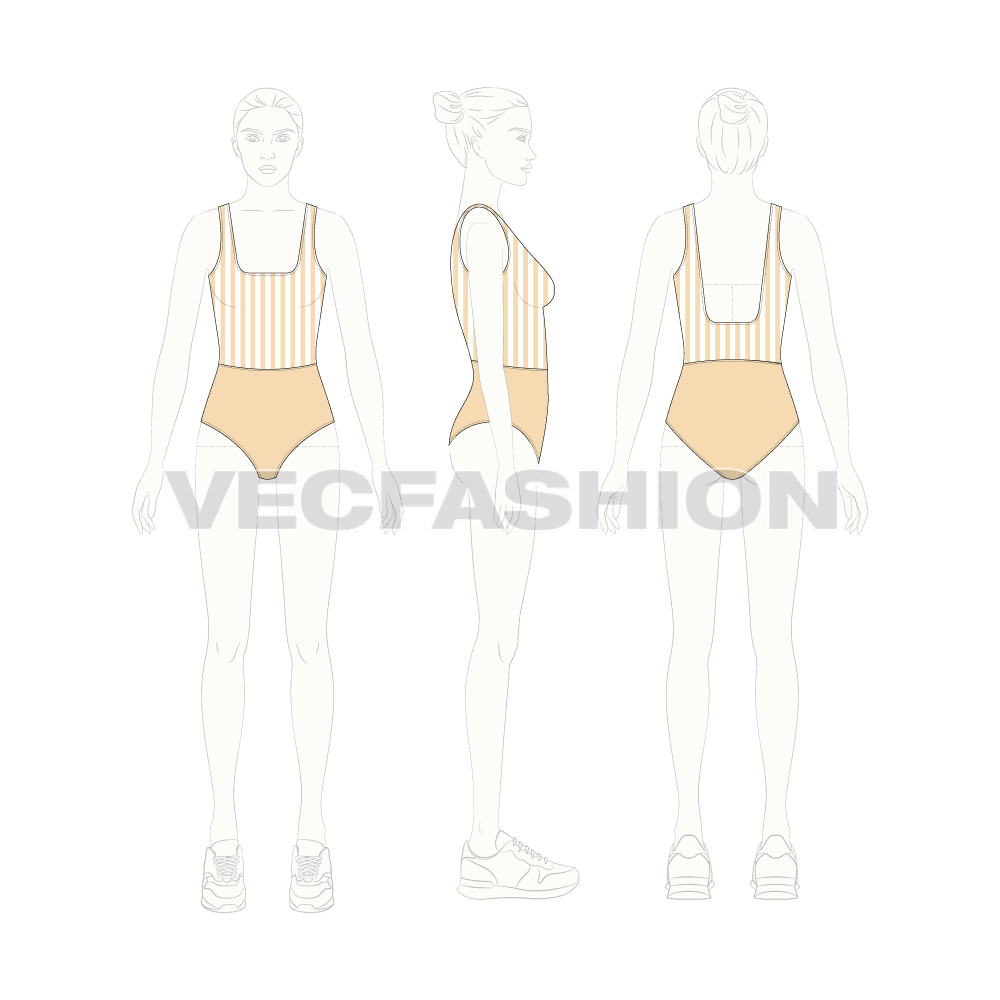 Womens striped swimsuit flat sketch, croqui sketch