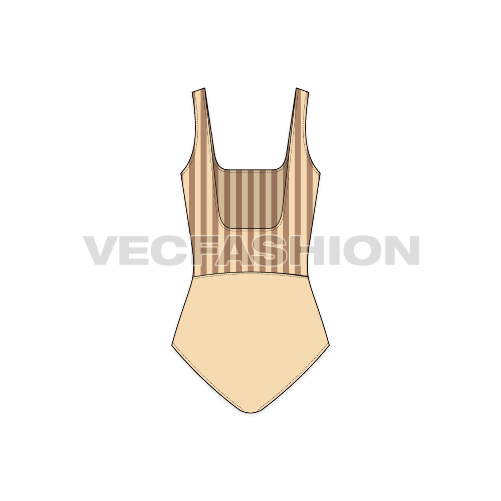 Womens striped swimsuit flat sketch, back view
