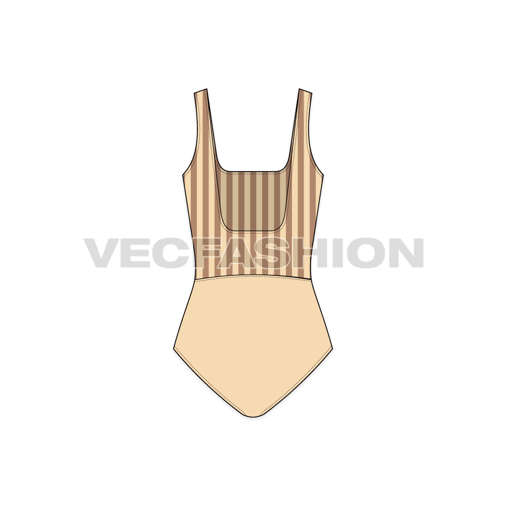 A vector template for Women's Striped Swimsuit, it has a cutline on waist and a very low neckline on front and back. The upper part is in stripes and lower part is in solid color.