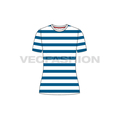 A vector template for Women's Striped T-shirt. It is a roundneck t-shirt with nautical stripes on body and sleeves.