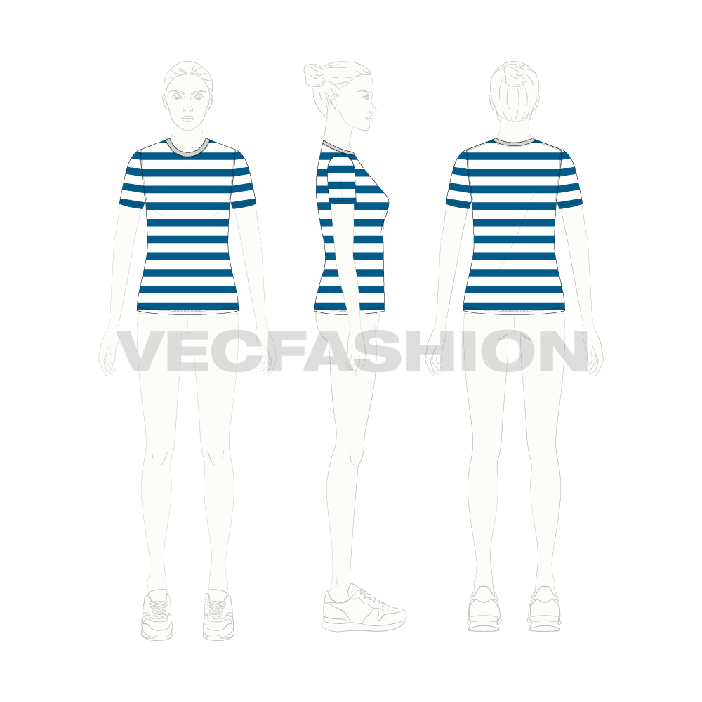 Womens striped t-shirt flat sketch, croqui sketch