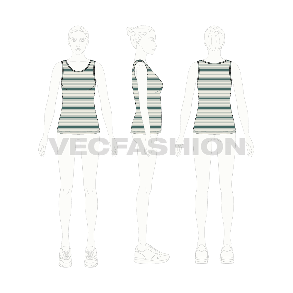 Womens striped training tank flat sketch, croqui sketch