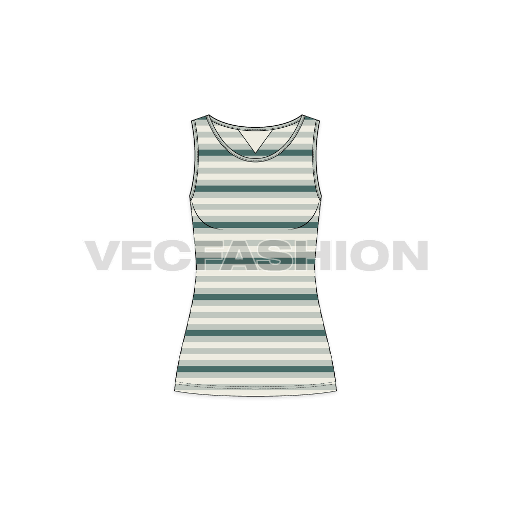 Womens striped training tank flat sketch, front view