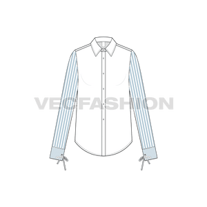 A vector illustrator template for Women's Stylish Shirt with Pin Stripes. It has a solid colored body with striped sleeves and cuffs in sky blue color. The cuffs are closed with a knot string detailing.
