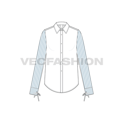 A vector illustrator template for Women's Stylish Shirt with Pin Stripes. It has a solid colored body with striped sleeves and cuffs in sky blue color. The cuffs are closed with a knot string detailing.