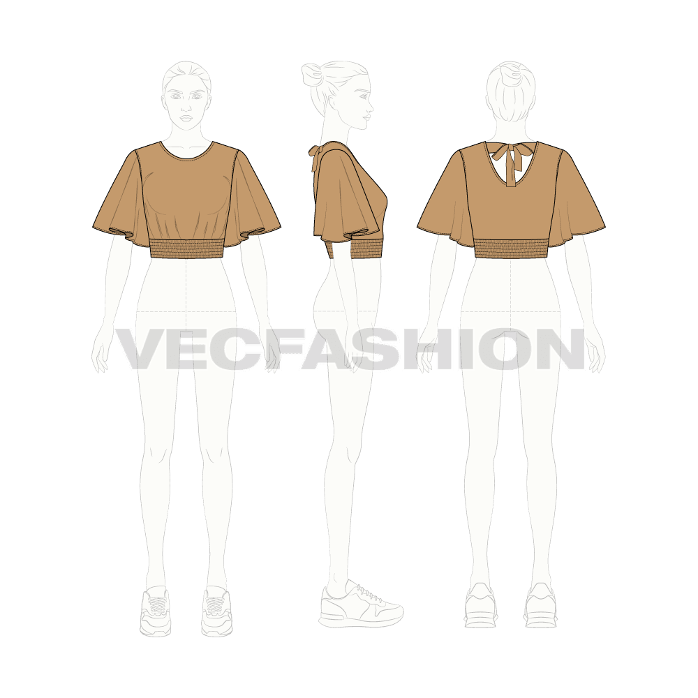 Womens stylish top with flared sleeve flat sketch, croqui sketch