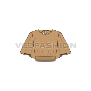 A vector template of Women's Stylish Top with Flared Sleeve. It has multiple gathered stitching at the waistband creating an interesting detail. 