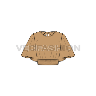 A vector template of Women's Stylish Top with Flared Sleeve. It has multiple gathered stitching at the waistband creating an interesting detail. 