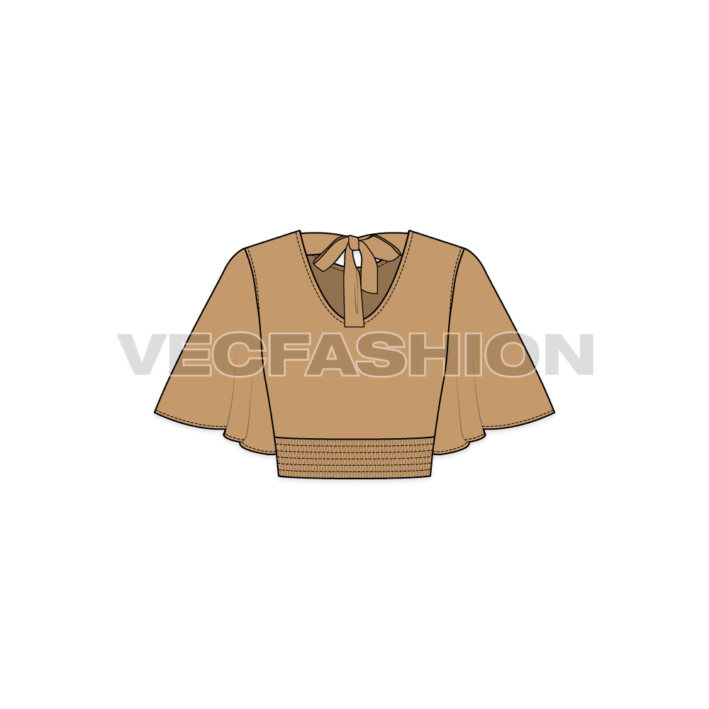 Womens stylish top with flared sleeve flat sketch, back view