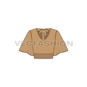 A vector template of Women's Stylish Top with Flared Sleeve. It has multiple gathered stitching at the waistband creating an interesting detail. 