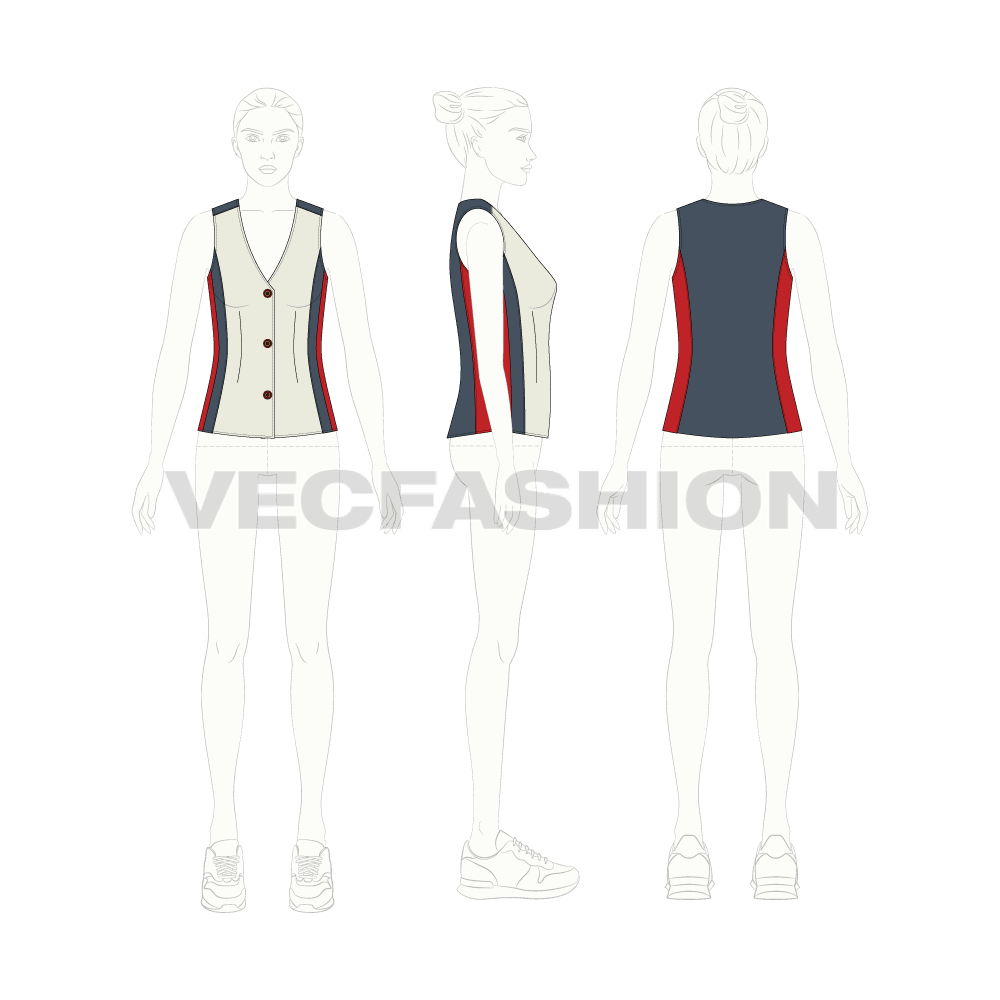Women's Stylish Waistcoat flat sketch, croqui sketch
