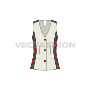 A newly illustrated vector template for Women's Stylish Waistcoat. It has cut n sew panels in contrast colors and wooden buttons for front enclosure. 