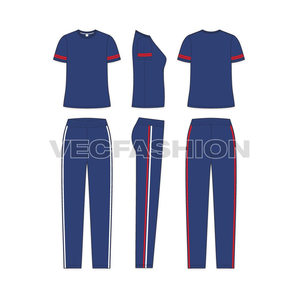 Womens summer sweatsuit flat sketch, showing all views, front, side and back
