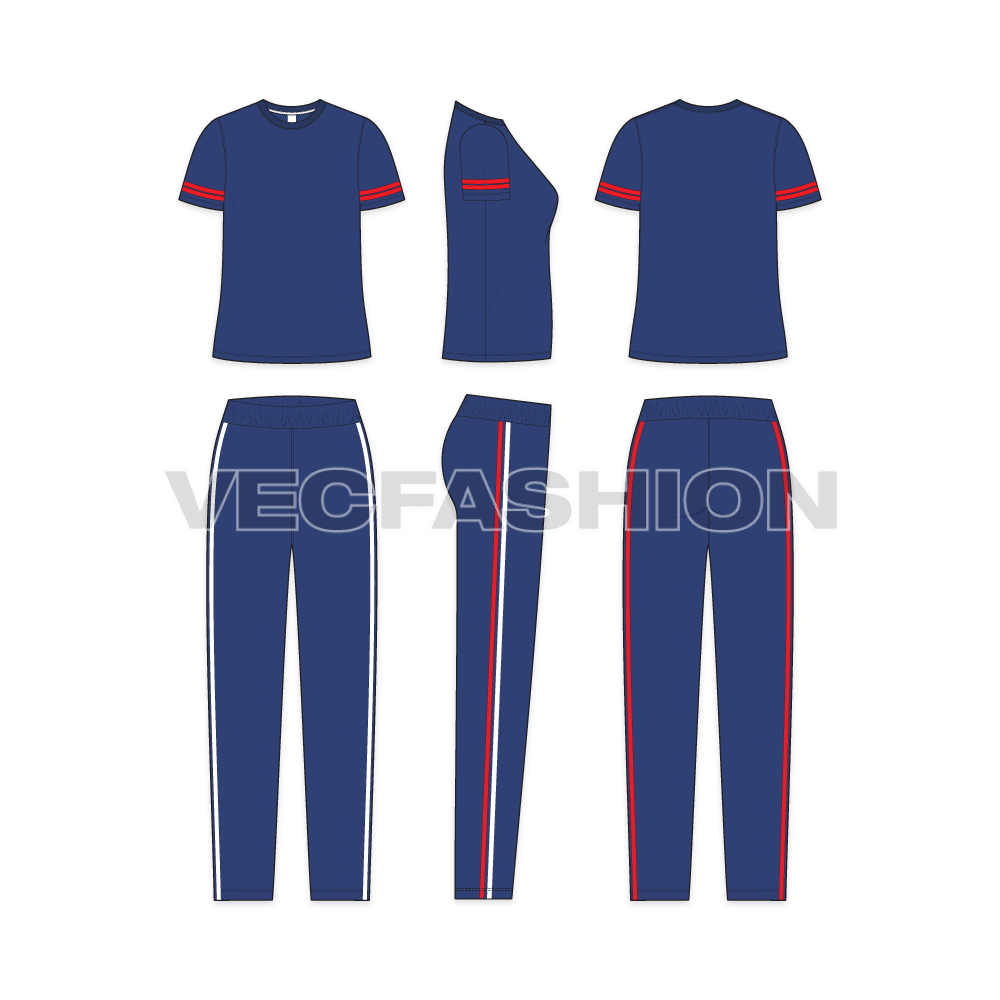 An editable vector template for Women's Summer Sweatsuit. It has a round neck t-shirt with stripes on sleeves. The jogger pants is a straight cut with colored stripes on the sides.