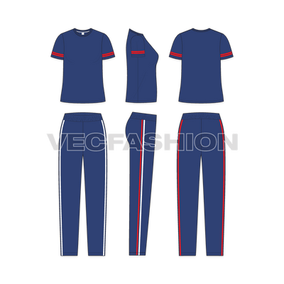 Womens summer sweatsuit flat sketch, showing all views, front, side and back