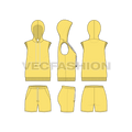 Womens summer sweatsuit, hoodie vest flat sketch, showing all views, front, side and back