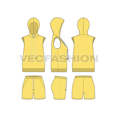 Womens summer sweatsuit, hoodie vest flat sketch, showing all views, front, side and back