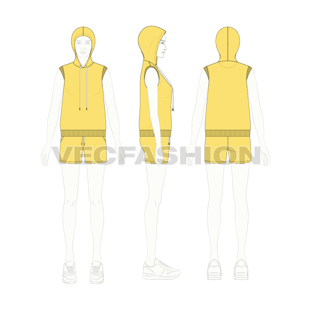 Womens summer sweatsuit, hoodie vest flat sketch, on croqui