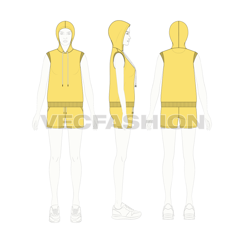 A fully editable vector sketch template of Women's Summer Sweatsuit. It has a stylish hoodie vest with long drawstrings. The armhole and bottom hem have 2x2 rib on it.