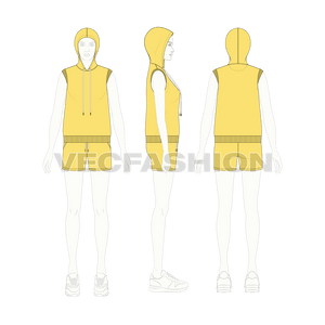 A fully editable vector sketch template of Women's Summer Sweatsuit. It has a stylish hoodie vest with long drawstrings. The armhole and bottom hem have 2x2 rib on it.