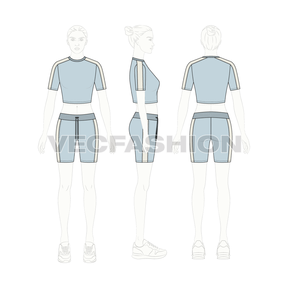 Womens summer tracksuit, powder blue flat sketch, on croqui