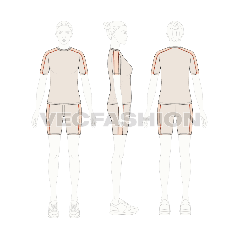 Womens summer tracksuit, pastel flat sketch, on croqui