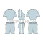 Womens summer tracksuit, powder blue flat sketch, showing all views, front, side and back