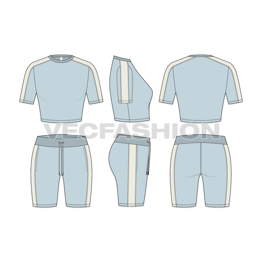 A vector template for Women's Summer Tracksuit in powder blue color. It is consist of a fitted round neck crop t-shirt and shorts. 