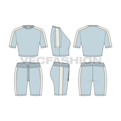 Womens summer tracksuit, powder blue flat sketch, showing all views, front, side and back