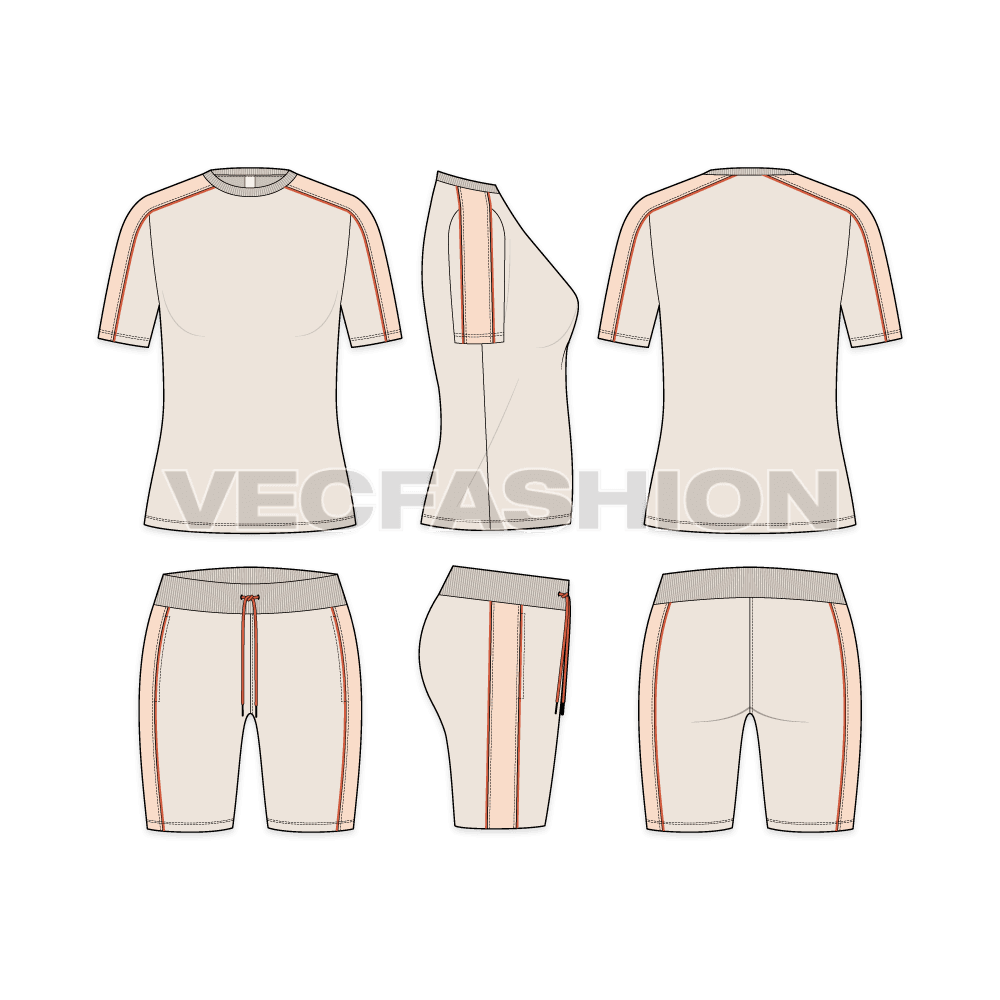 Womens summer tracksuit, pastel flat sketch, showing all views, front, side and back