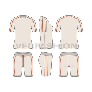 A vector template for Women's Summer Tracksuit in pastel colors. It is consist of a fitted round neck t-shirt and shorts. 