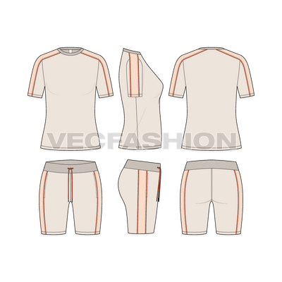 Womens summer tracksuit, pastel flat sketch, showing all views, front, side and back