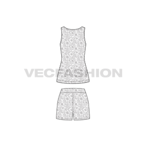 A vector fashion template sketch for Women's Summers Night Suit. It has a sleeveless tank in lose fit with shorts. The fabric has a seamless floral print on it. The neckline of tank top has a lace in white color around the neck. 
