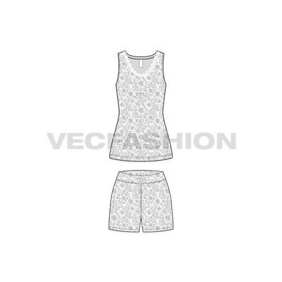 A vector fashion template sketch for Women's Summers Night Suit. It has a sleeveless tank in lose fit with shorts. The fabric has a seamless floral print on it. The neckline of tank top has a lace in white color around the neck. 