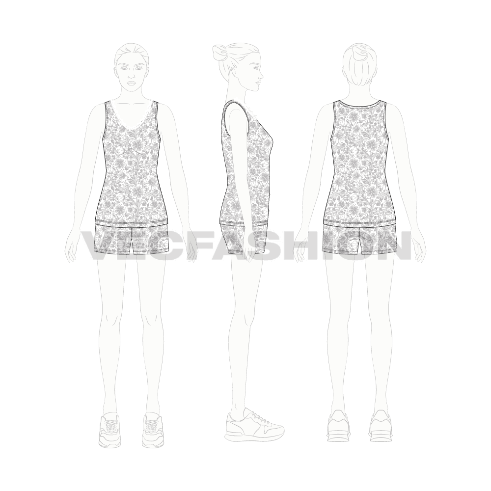Womens summers night suit flat sketch, croqui sketch