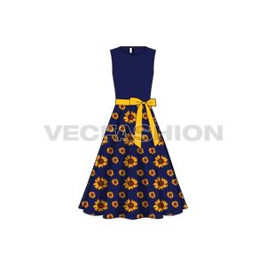 A vector template for Women's Sunflower Dress. It is a very elegant style dress with bodice being navy blue solid colored with full all over printed skirt. 