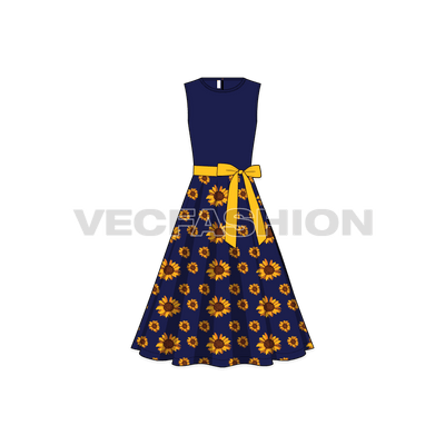 A vector template for Women's Sunflower Dress. It is a very elegant style dress with bodice being navy blue solid colored with full all over printed skirt. 