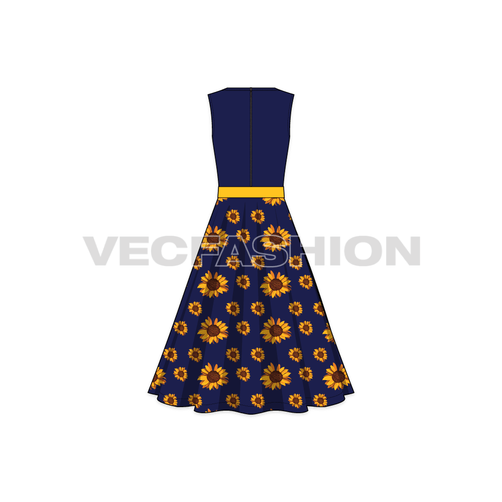 A vector template for Women's Sunflower Dress. It is a very elegant style dress with bodice being navy blue solid colored with full all over printed skirt. 