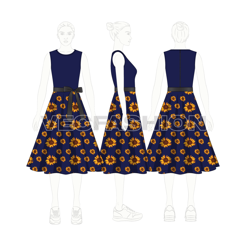 Womens sunflower dress flat sketch, croqui sketch