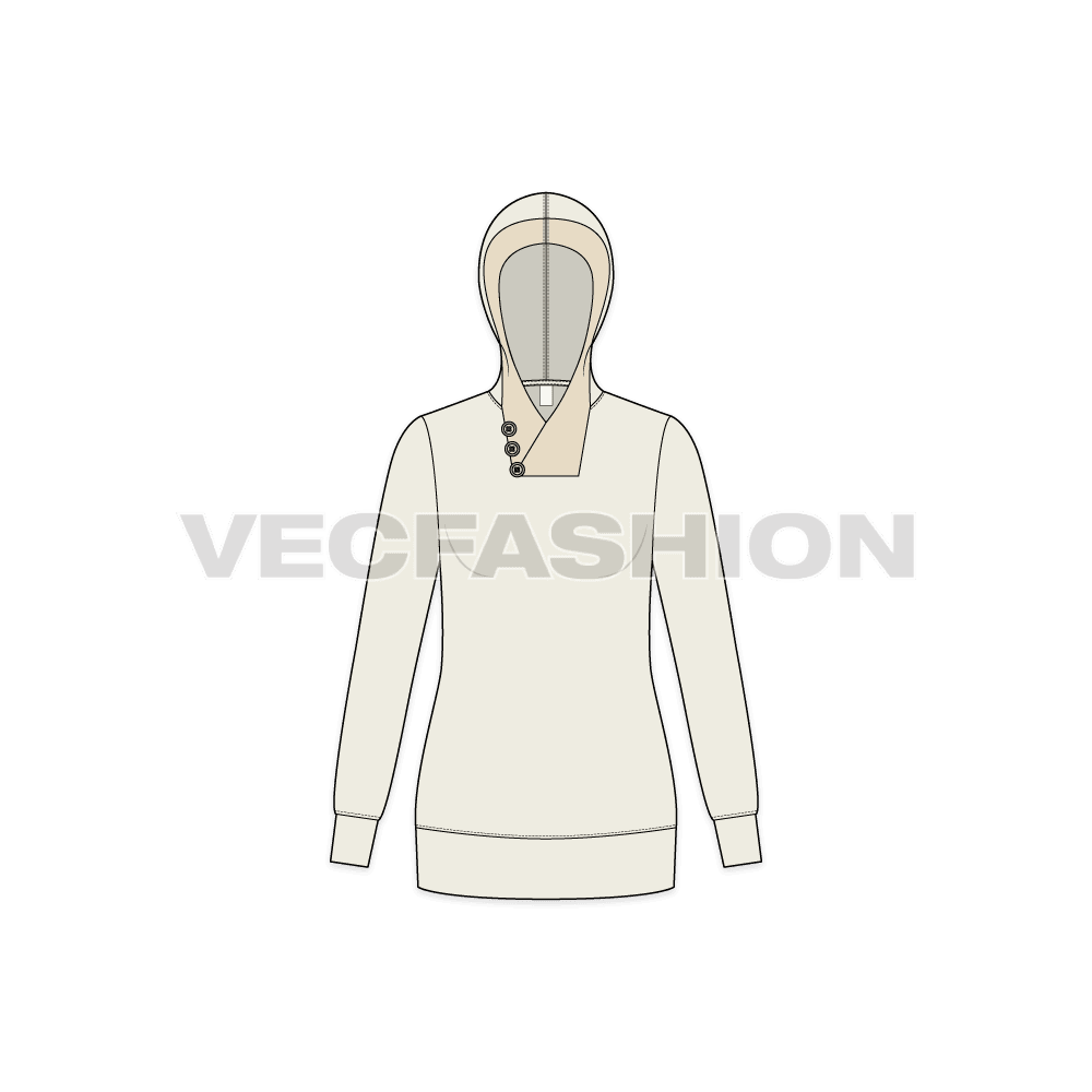 A vector sketch template for Women's Sweat Jumper. It has a wide front neck open inspired by the shawl collar with a hood. There are decorative contrast colored buttons on it.