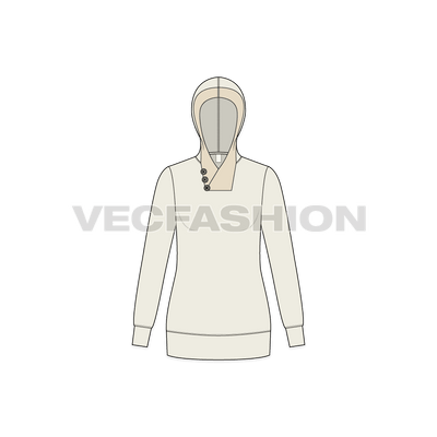 A vector sketch template for Women's Sweat Jumper. It has a wide front neck open inspired by the shawl collar with a hood. There are decorative contrast colored buttons on it.