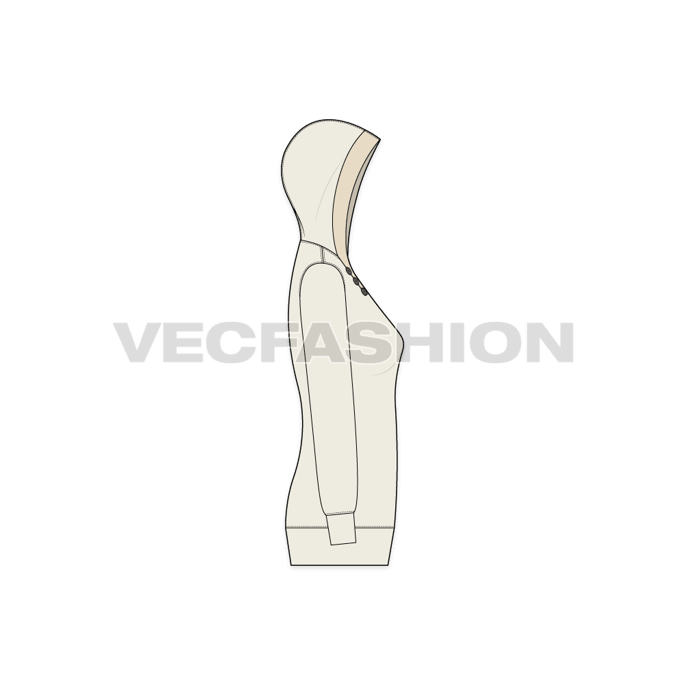 A vector sketch template for Women's Sweat Jumper. It has a wide front neck open inspired by the shawl collar with a hood. There are decorative contrast colored buttons on it.