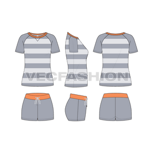 A Women's Sweat Lounge Fashion Flats having two pieces for Top and Bottom. This set is designed for Casual use for Loungewear, inspired by Women Sportswear.  These Fashion Flats have a Wide Round Neck Tee and Contrast Color Trims such as, Neck Rib and Waistband for Sweat Shorts.