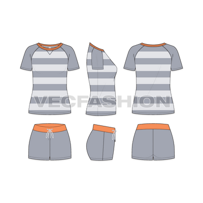 A Women's Sweat Lounge Fashion Flats having two pieces for Top and Bottom. This set is designed for Casual use for Loungewear, inspired by Women Sportswear.  These Fashion Flats have a Wide Round Neck Tee and Contrast Color Trims such as, Neck Rib and Waistband for Sweat Shorts.