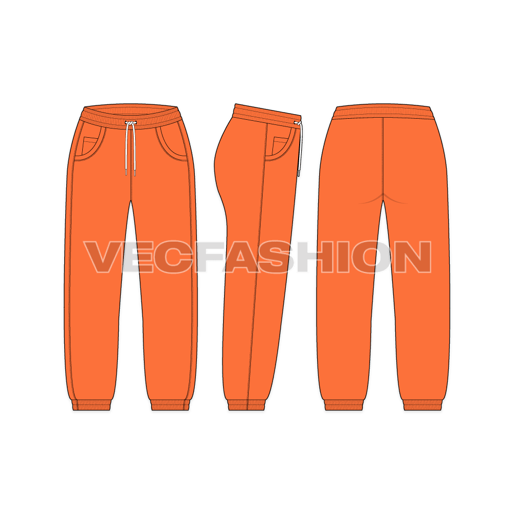Womens sweat pants, capri length flat sketch, showing all views, front, side and back