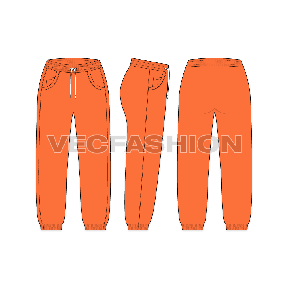 A vector fashion sketch for Women's Sweat Pants. It has elasticated waistband with stylized pockets on sides. There are pin tuck stitching detailing on sides and drawstrings are in white color. The length is Capri and hugs around the calf. 