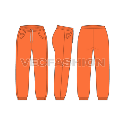 A vector fashion sketch for Women's Sweat Pants. It has elasticated waistband with stylized pockets on sides. There are pin tuck stitching detailing on sides and drawstrings are in white color. The length is Capri and hugs around the calf. 